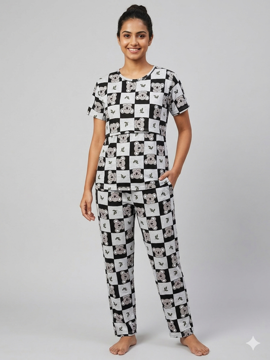 Grey Koala Printed Feeding T-shirt And Pants