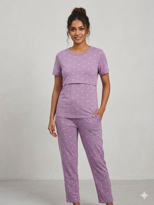 Lavender Heart Printed Feeding T-shirt And Pants