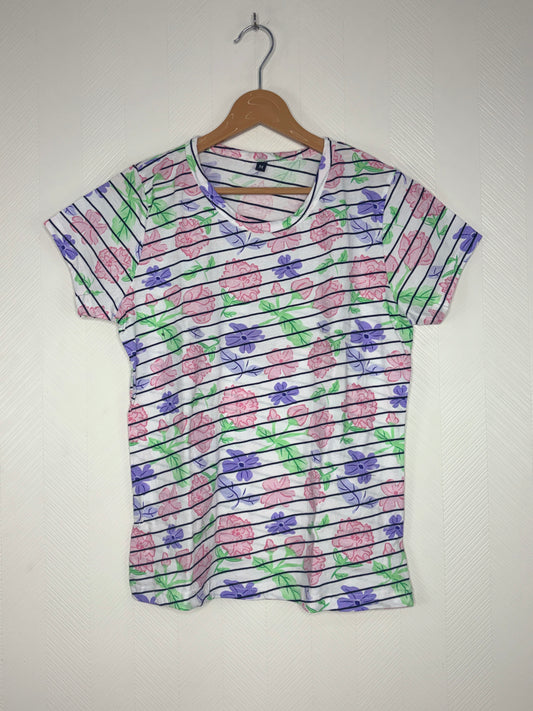 White Floral Stripe Print Women's T-Shirt