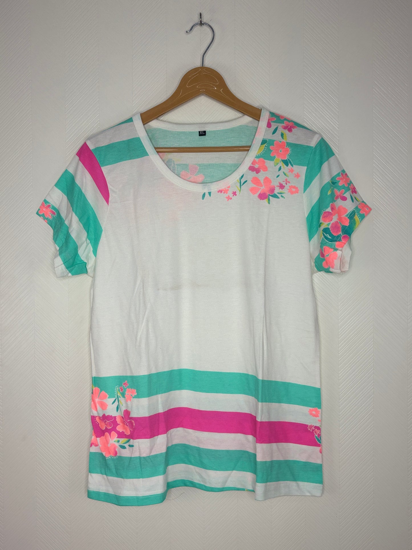 White Floral and Stripe Print Women's T-Shirt