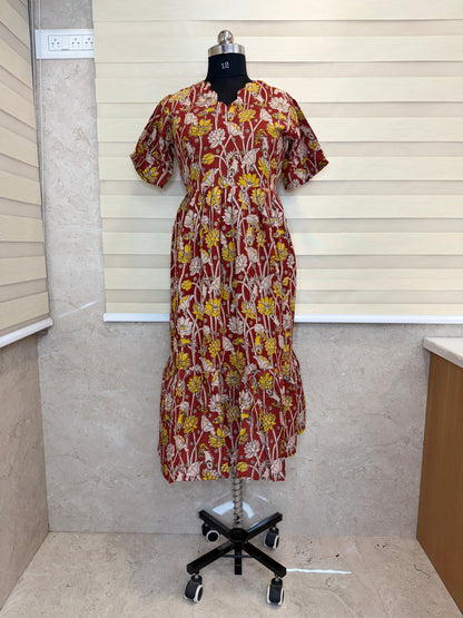 Kalamkari Prints Cotton Frocks Lotus Fish Print
