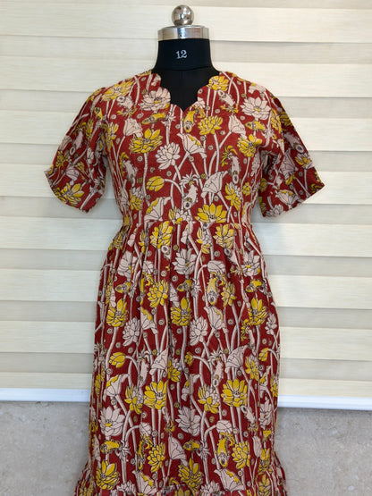 Kalamkari Prints Cotton Frocks Lotus Fish Print