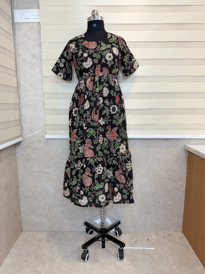 Kalamkari Prints Cotton Frocks Bird Floral Print