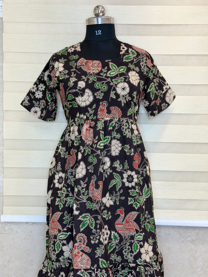 Kalamkari Prints Cotton Frocks Bird Floral Print