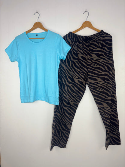 Sky Blue Zebra Print T-Shirt and Pant Se