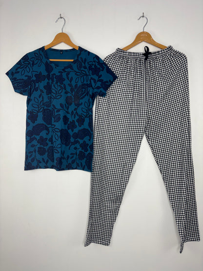 Teal Blue Floral Print T-Shirt and Pant Set