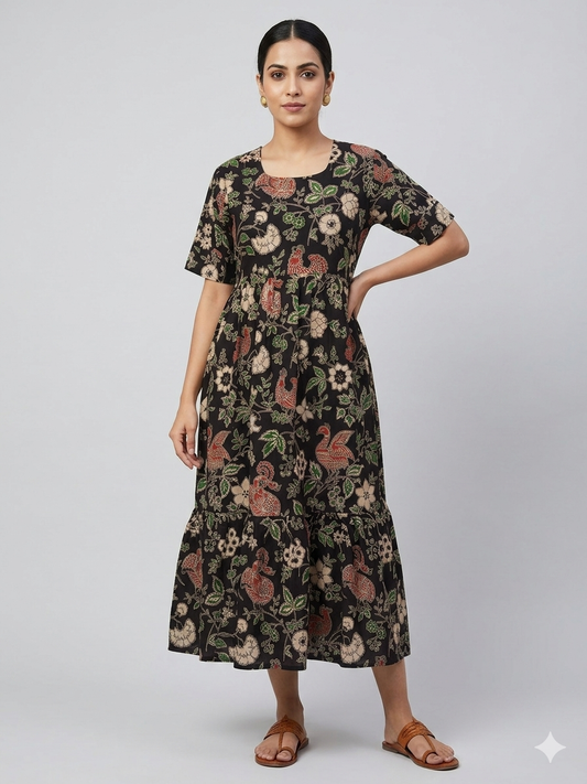 Kalamkari Prints Cotton Frocks Bird Floral Print