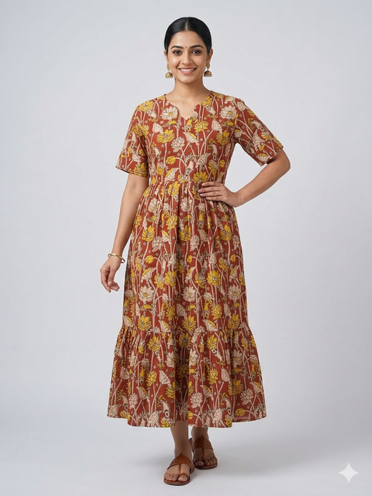 Kalamkari Prints Cotton Frocks Lotus Fish Print