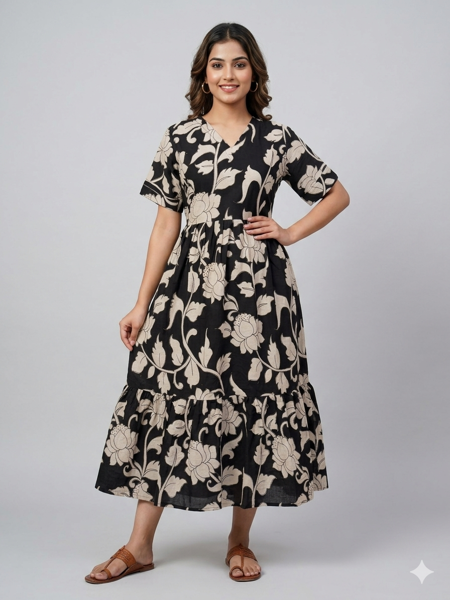 Kalamkari Prints Cotton Frocks Floral Vine Print