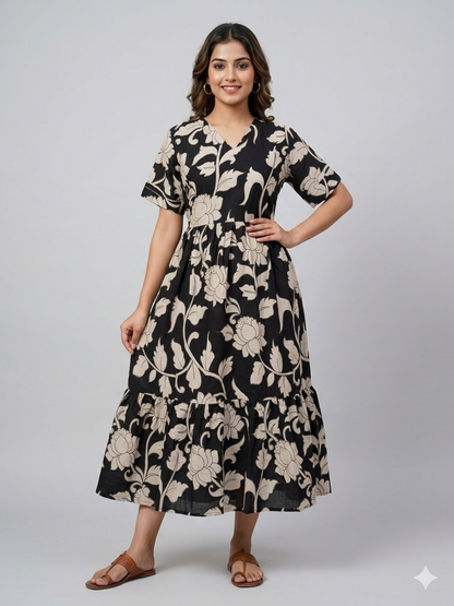 Kalamkari Prints Cotton Frocks Floral Vine Print
