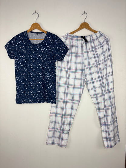 Navy Star Snowflake Print T-Shirt and White Plaid Pant Set
