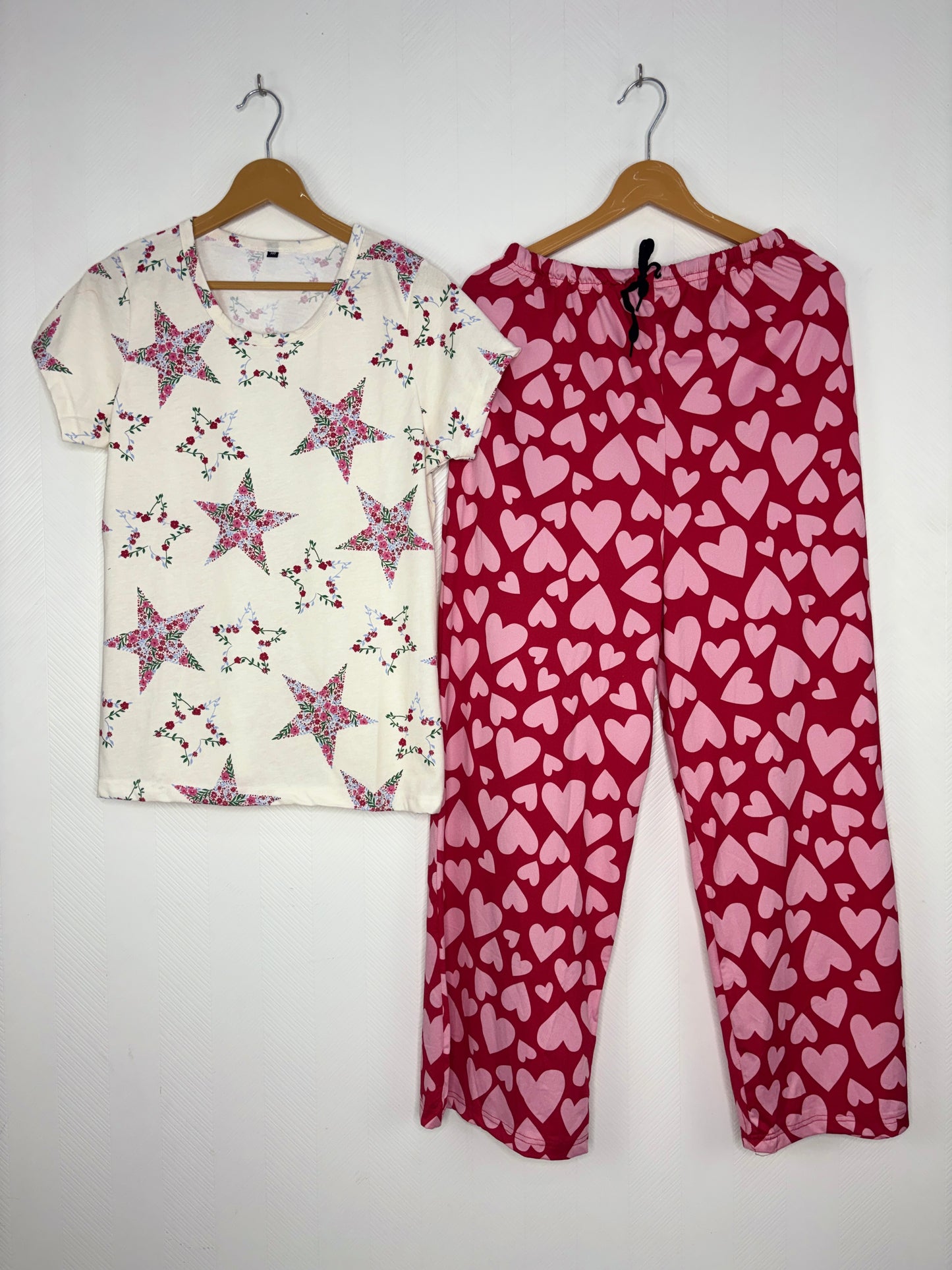 Women's Floral Star T-Shirt and Red Heart Print Spun Fabric Palazzo Pant Set
