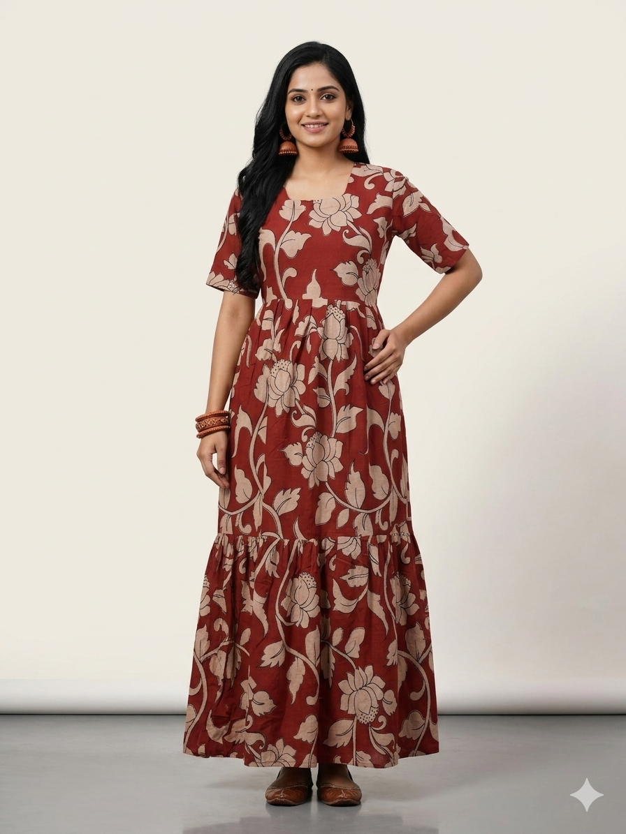 Kalamkari Prints Cotton Frocks Lotus Print