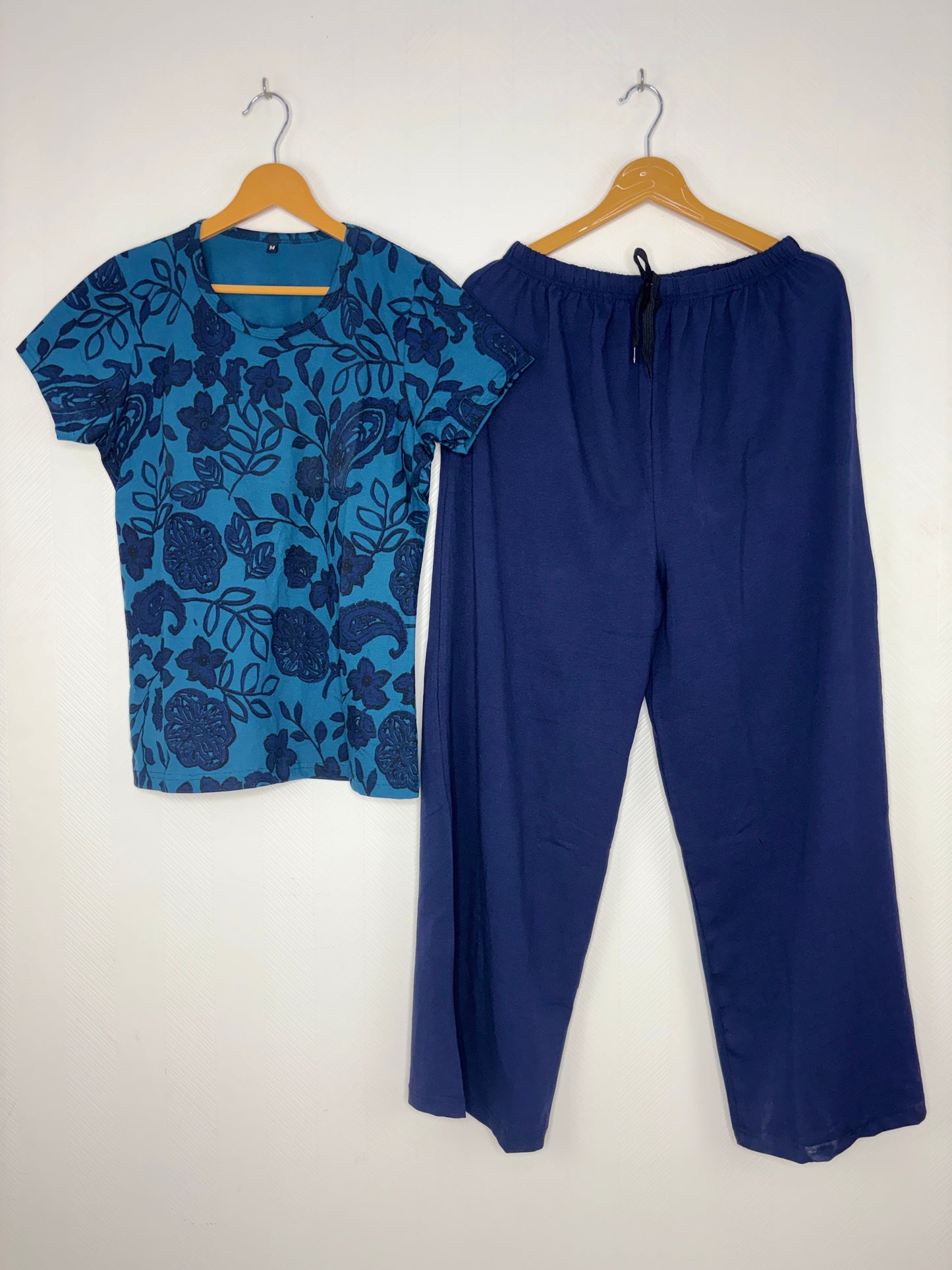 Women's Teal Blue Floral and Paisley Print T-Shirt and Navy Blue Palazzo Pant Set