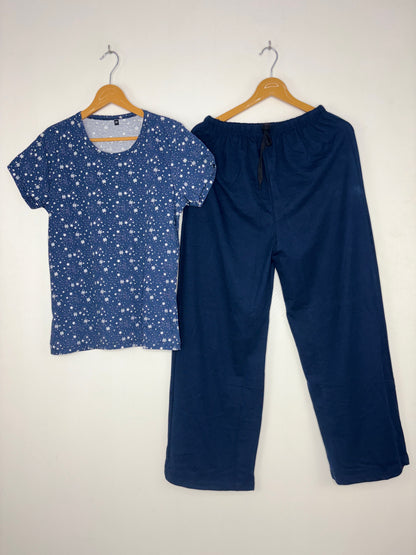 Women's Navy Blue Star and Snowflake Print T-Shirt and Palazzo Pant Set
