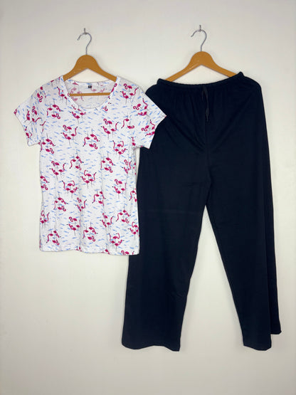 White Flamingo Print Women's T-Shirt with Palazzo
