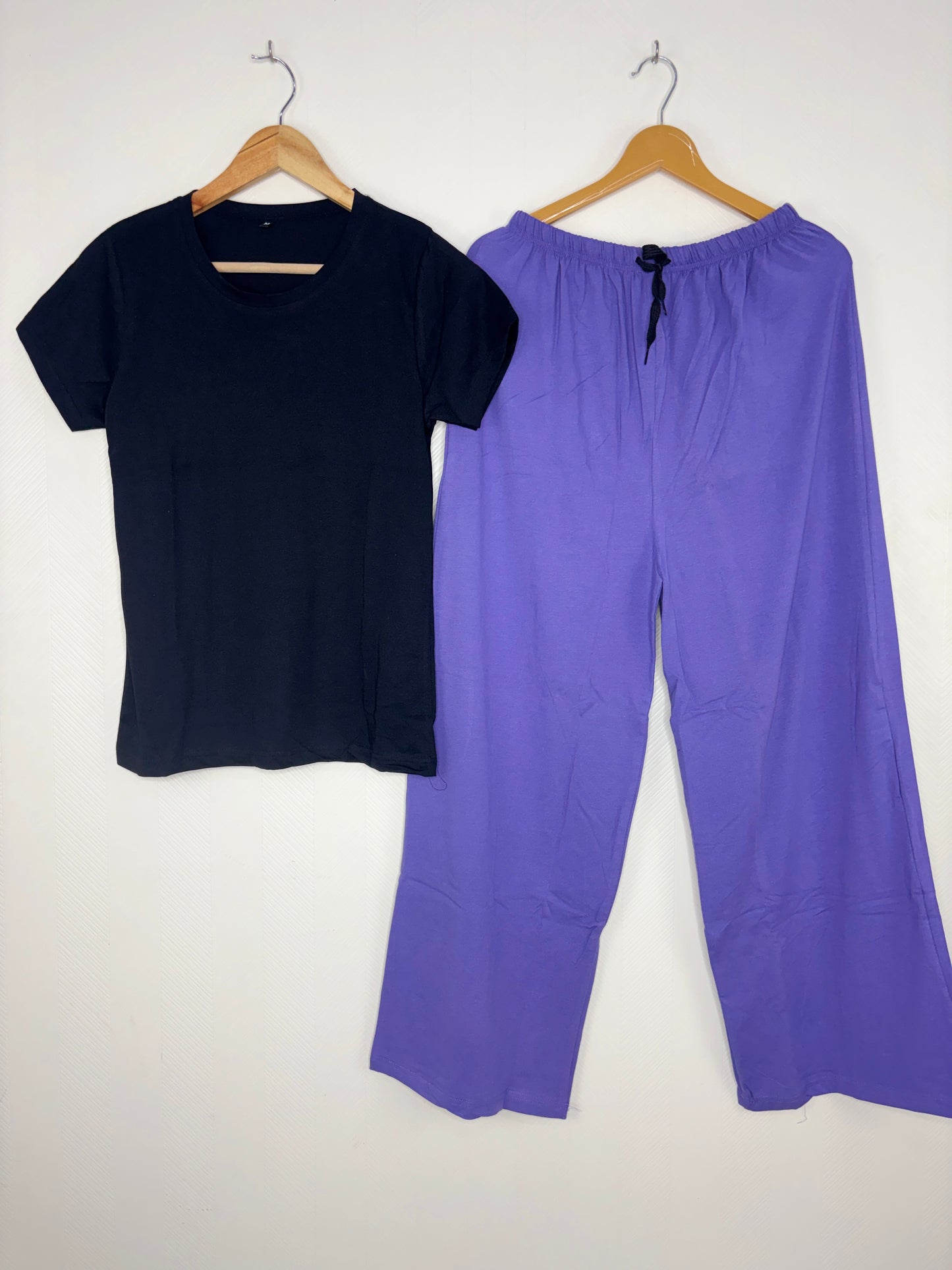 Women's Solid Black T-Shirt and Lavender Palazzo Pant Set