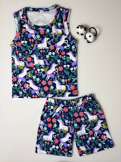 Dark Blue Flowers &amp; Unicorn Printed Kids Sleeveless Coords