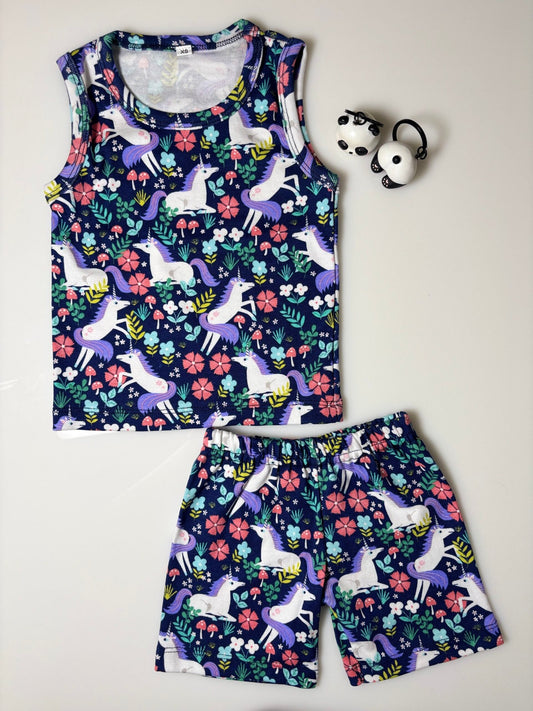 Dark Blue Flowers &amp; Unicorn Printed Kids Sleeveless Coords