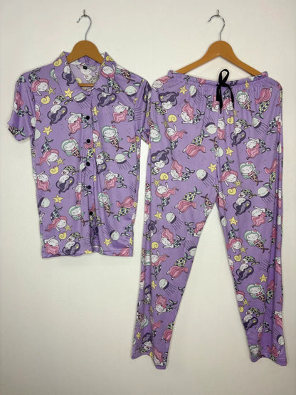 Spun Fabric Lavender Novelty Printed Shirt and Pant Coords