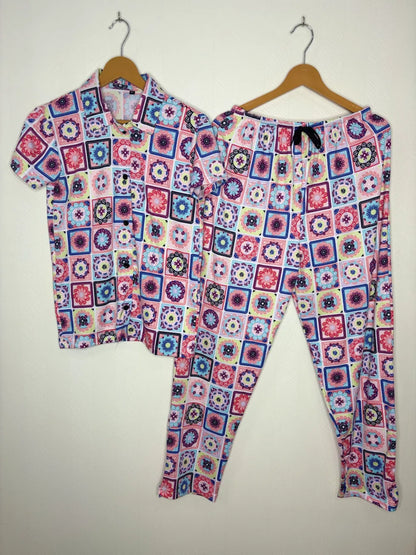 Spun Fabric Multicolor Granny Squares Printed Shirt and Pant Coords