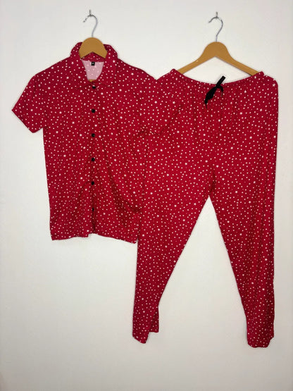 Spun Fabric Red with White Polko Dot's Printed Shirt and Pant Coords