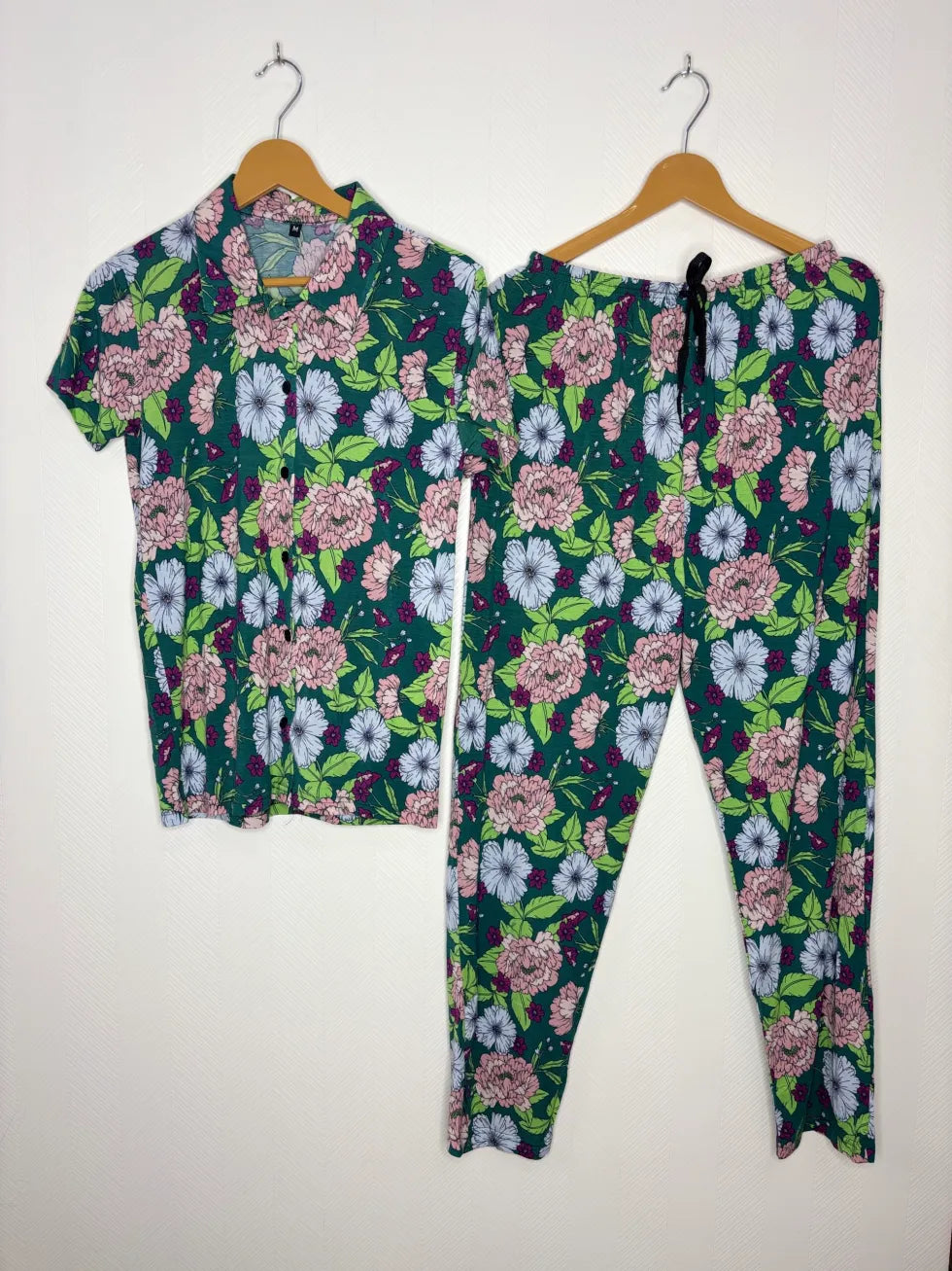 Spun Fabric Dark Green Floral Printed Shirt and Pant Coords