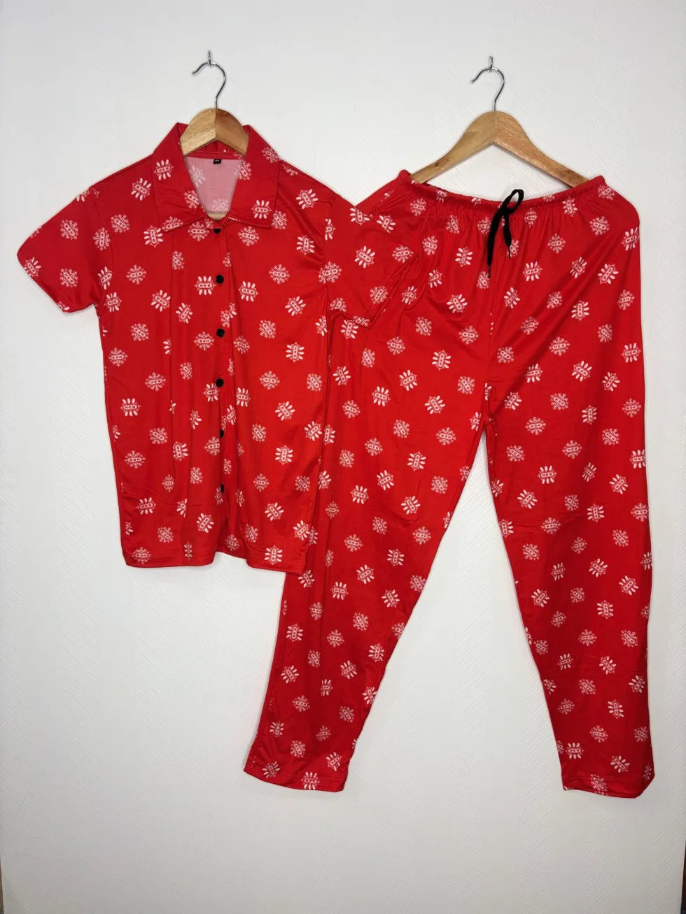 Spun Fabric Solid Red Snowflake Printed Shirt and Pant Coords