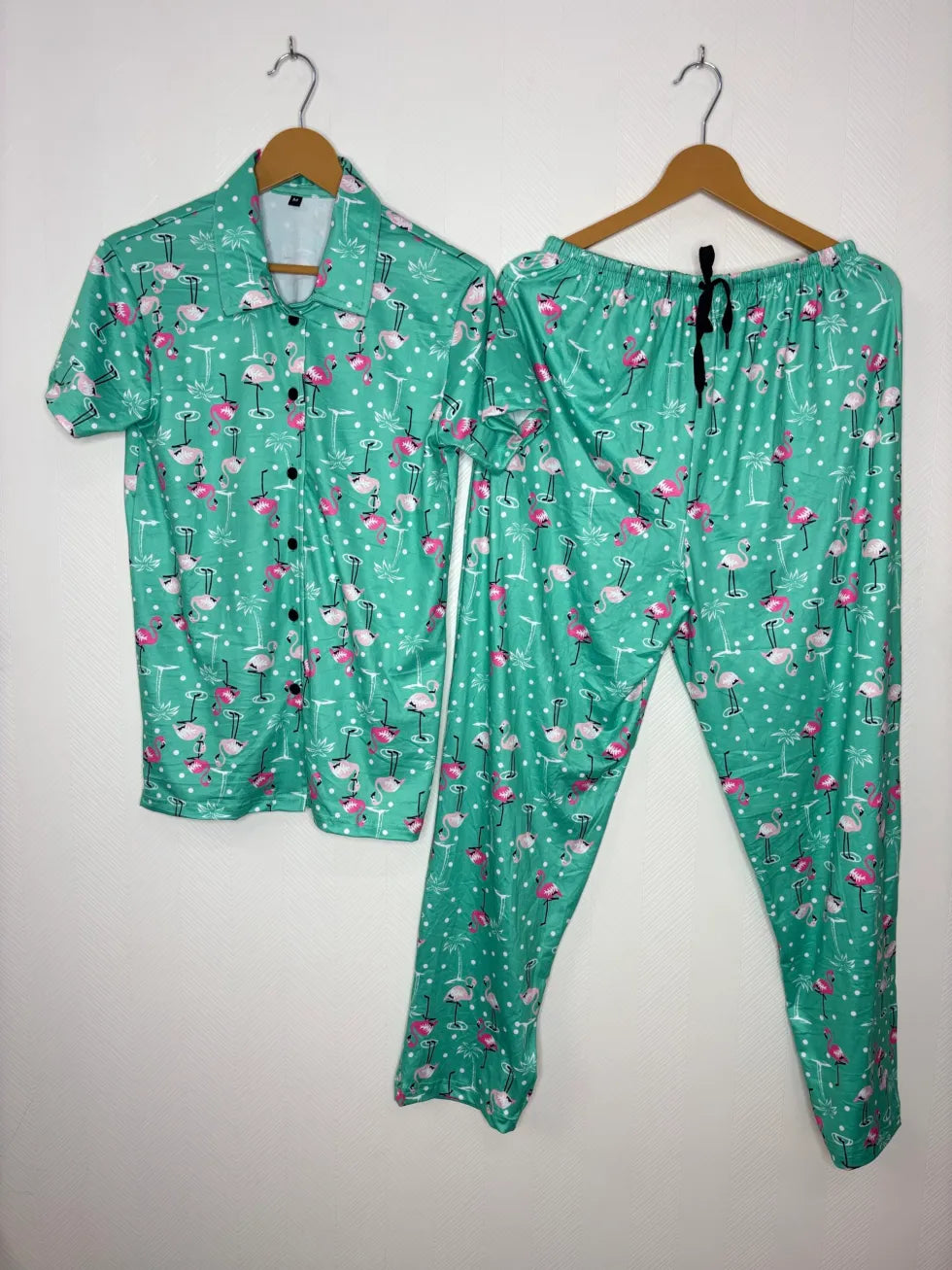 Spun Fabric Green Flamingo Printed Shirt and Pant Coords