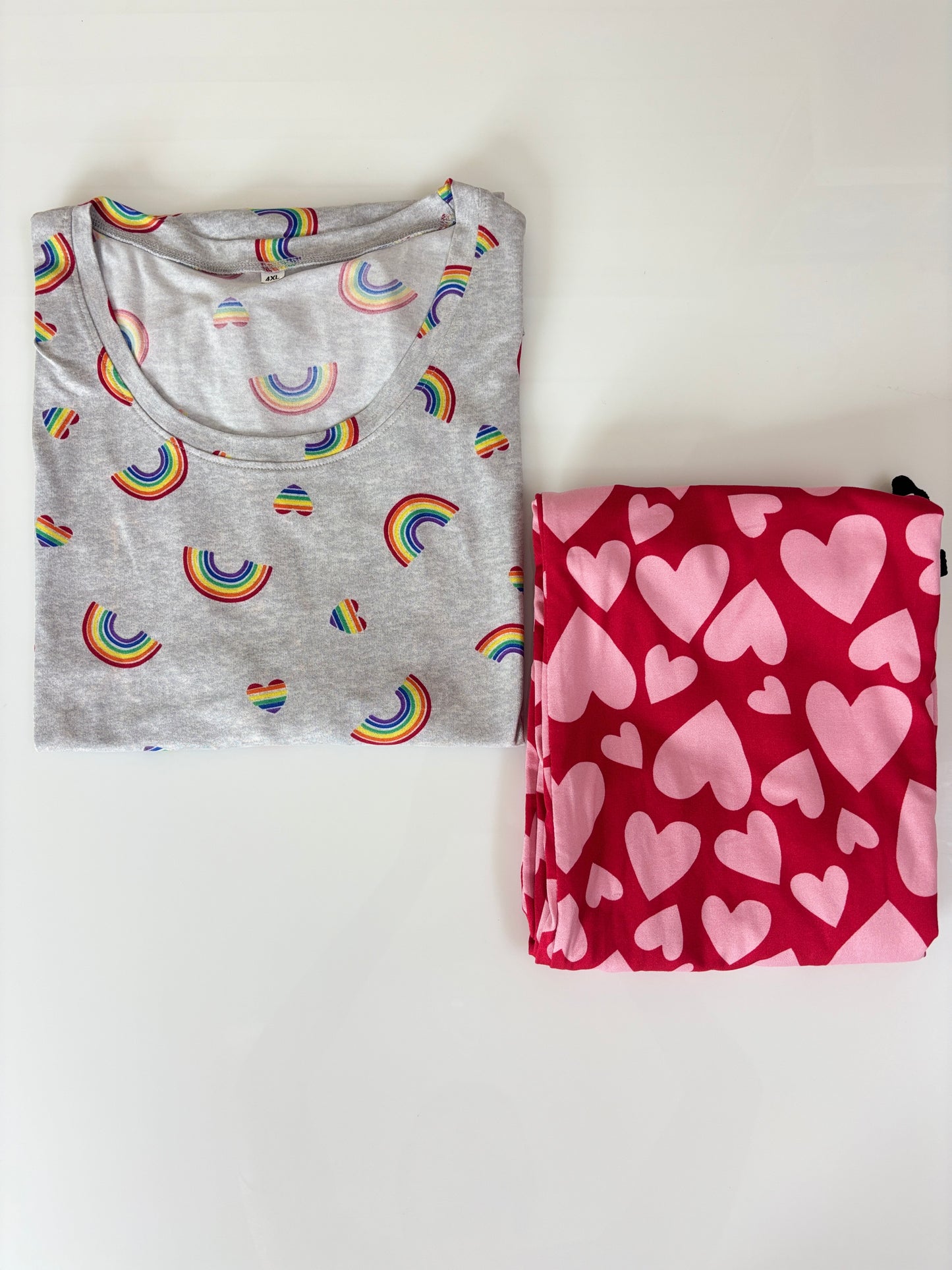 Women's Light Grey Rainbow Print Spun Fabric T-Shirt and Pink Heart Print Spun Fabric Palazzo Pant Set