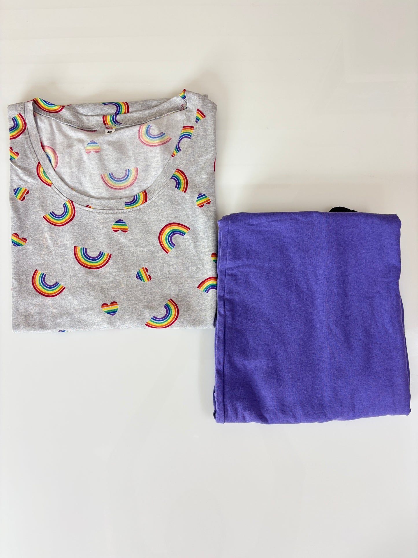 Women's Light Grey Rainbow Print Spun Fabric T-Shirt and Lavender Purple Palazzo Pant Set