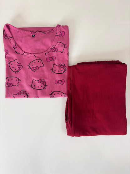 Pink Kitty Print Women's T-Shirt with Palazzo