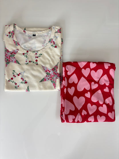 Women's Floral Star T-Shirt and Red Heart Print Spun Fabric Palazzo Pant Set