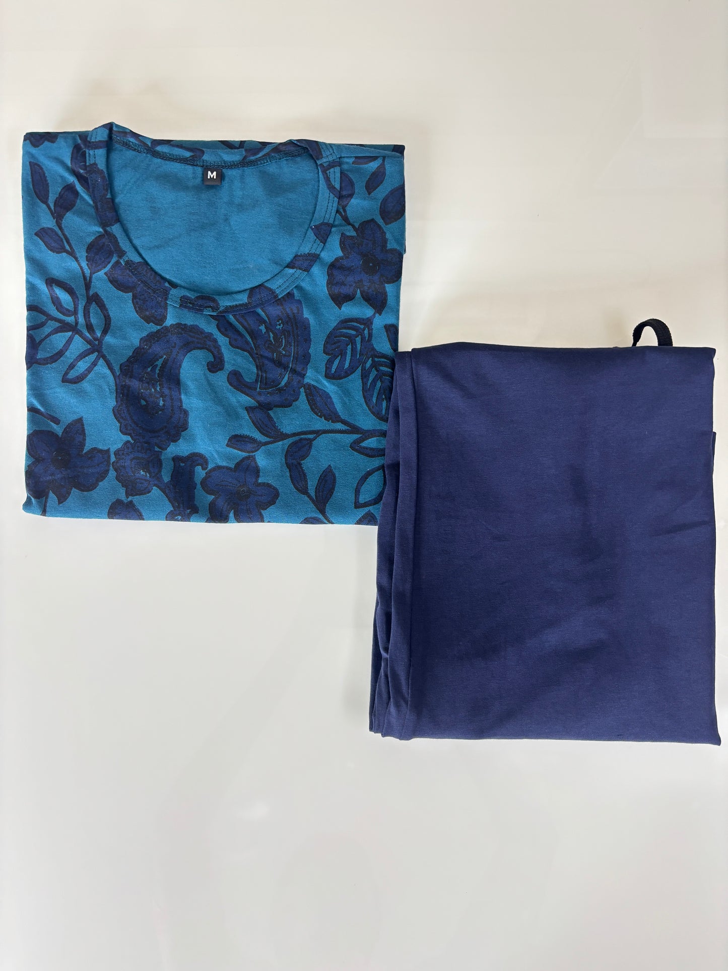 Women's Teal Blue Floral and Paisley Print T-Shirt and Navy Blue Palazzo Pant Set
