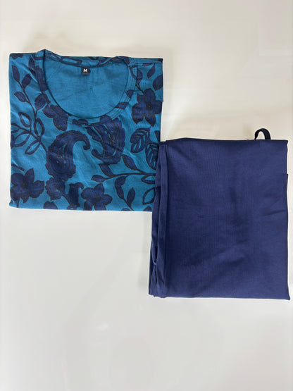 Women's Teal Blue Floral and Paisley Print T-Shirt and Navy Blue Palazzo Pant Set