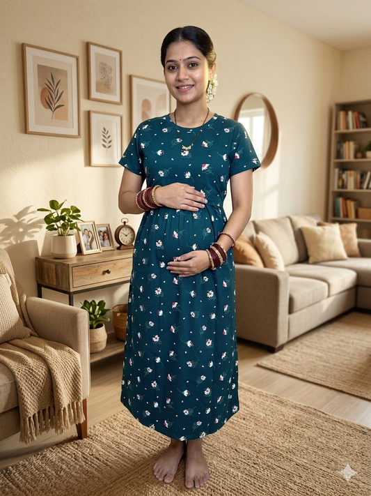 Dark Green Floral Print Maternity Feeding Maxi