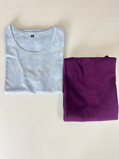 Light Blue Floral Line Print Women's T-Shirt with Palazzo
