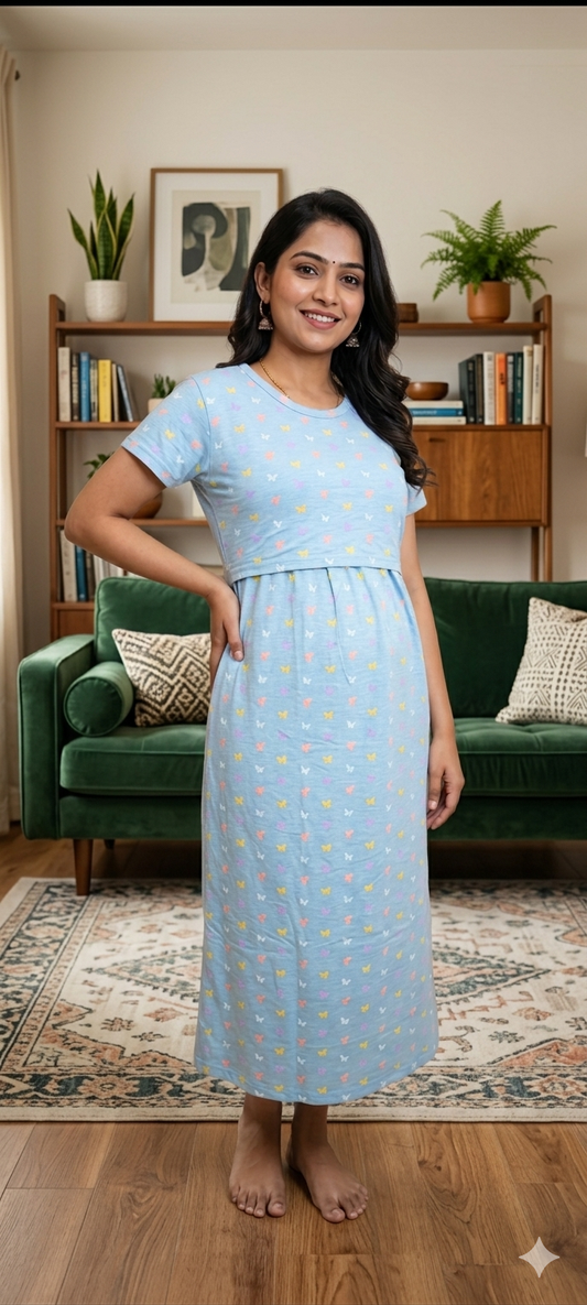 Light Blue Butterfly Print Maternity Feeding Maxi