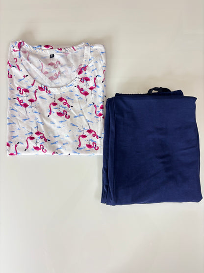 White Flamingo Print Women's T-Shirt with Palazzo