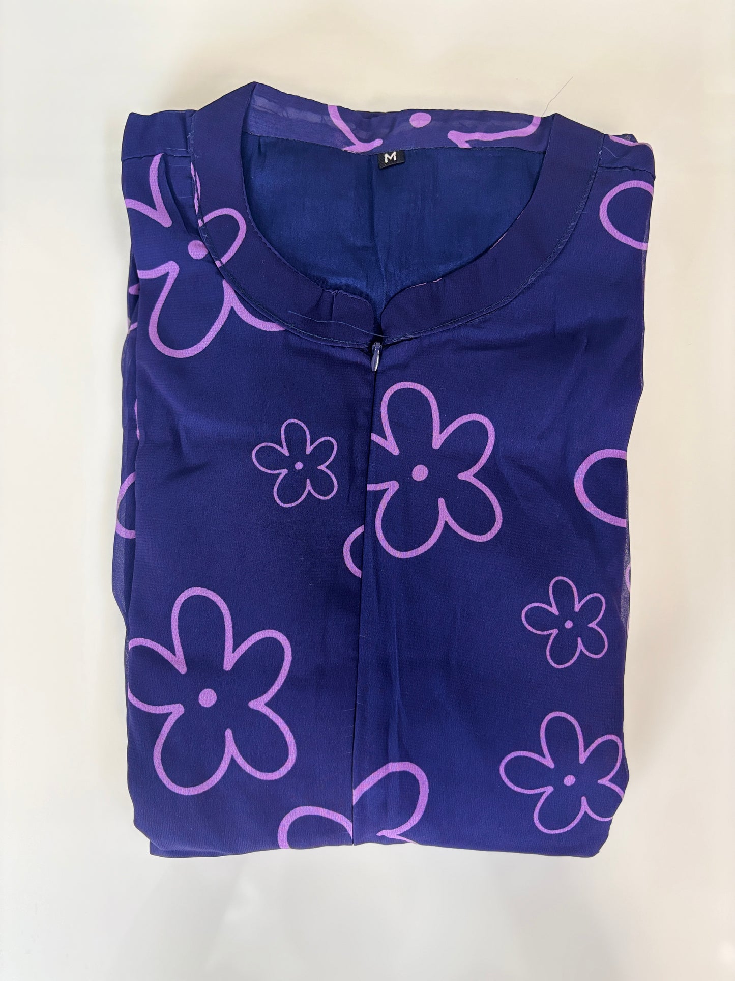 Dark Blue with Floral Shapes Printed Short Sleeves Georgette Center Zip Maxi