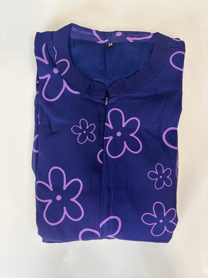 Dark Blue with Floral Shapes Printed Short Sleeves Georgette Center Zip Maxi