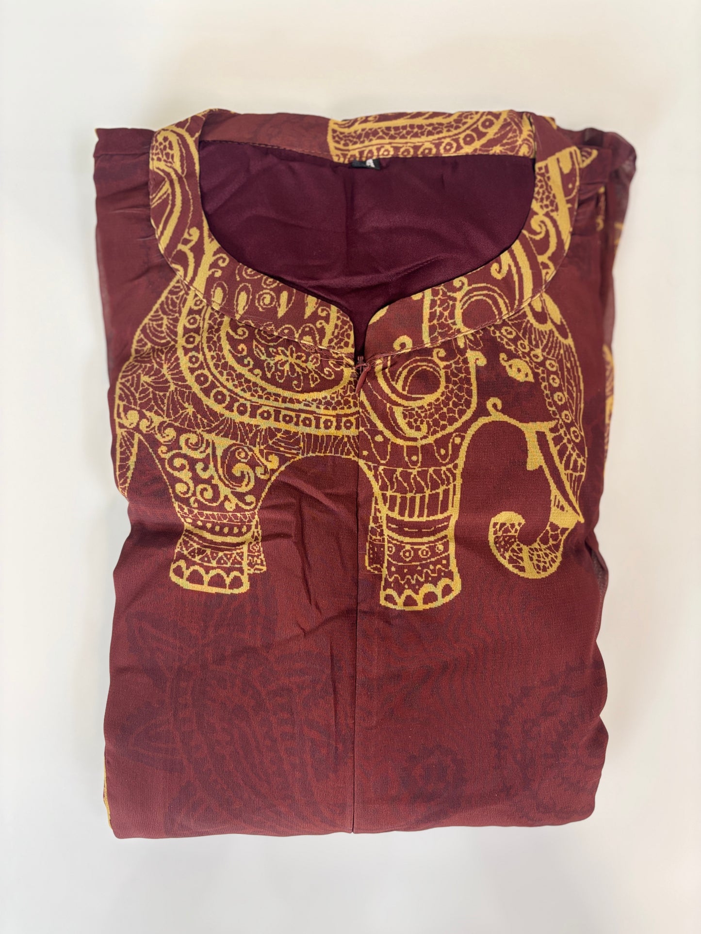 Brown with Ethnic Motifs Printed Elbow Sleeves Georgette Center Zip Maxi