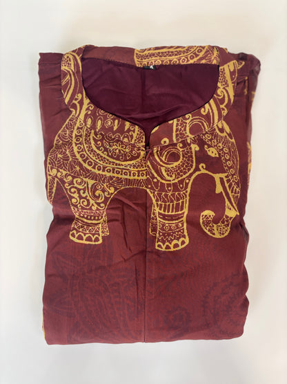 Brown with Ethnic Motifs Printed Elbow Sleeves Georgette Center Zip Maxi