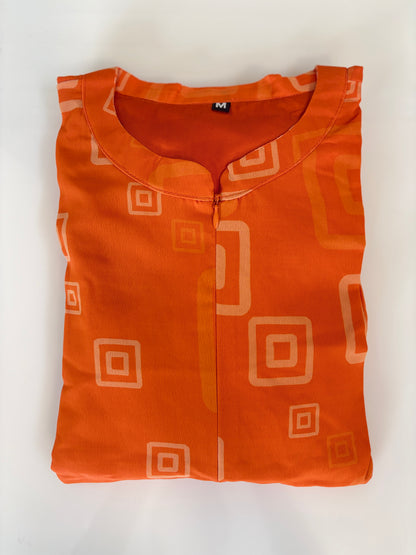Orange with Zari Motifs Printed Short Sleeves Georgette Center Zip Maxi