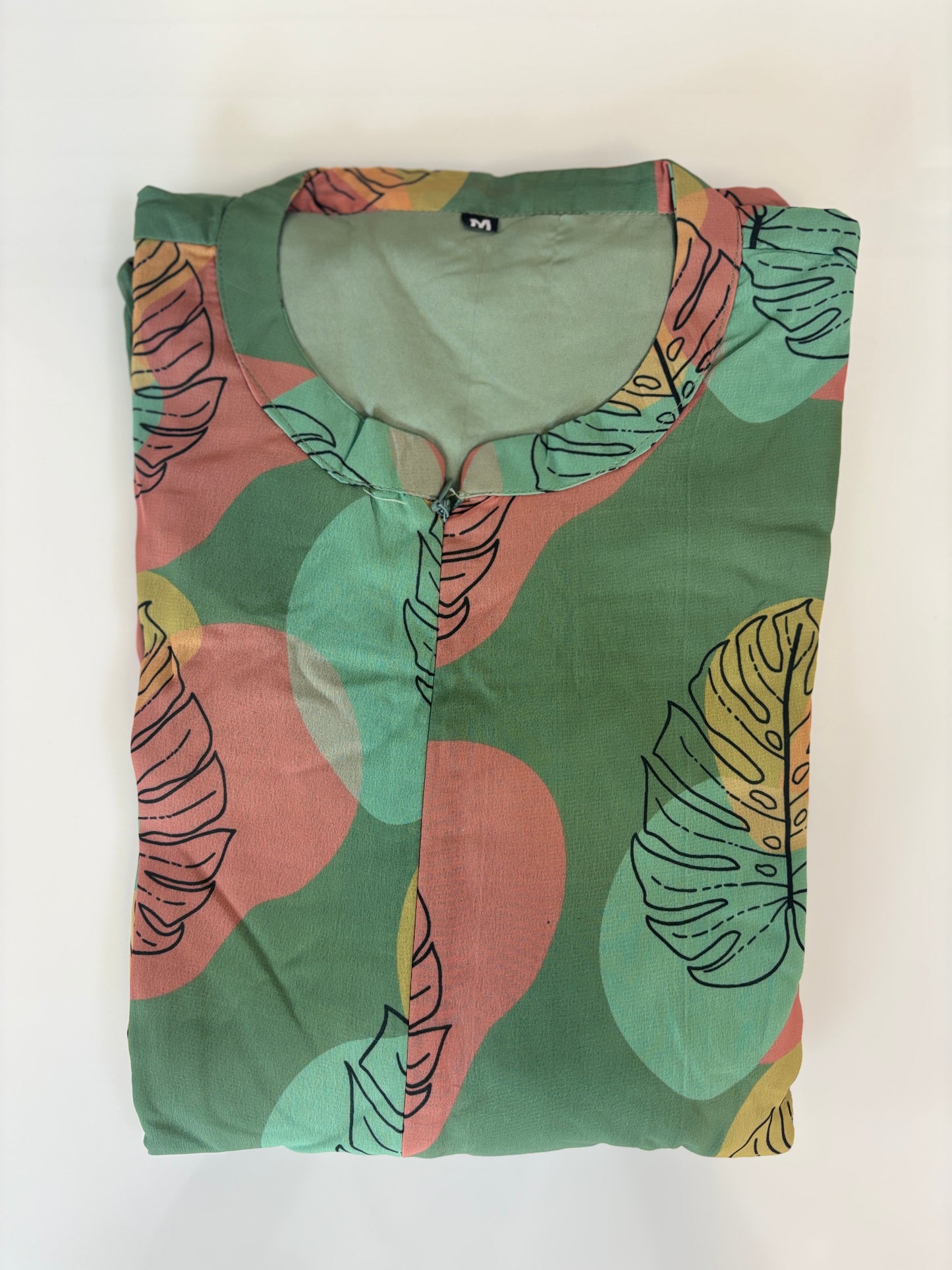 Sea Green with Botanical Printed Short Sleeves Georgette Center Zip Maxi