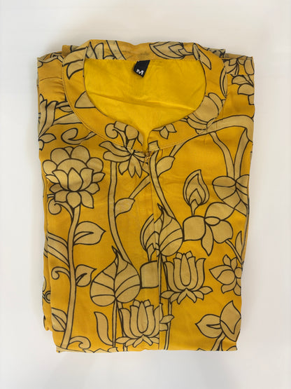 Mustard Yellow with Floral Printed Elbow Sleeves Georgette Center Zip Maxi