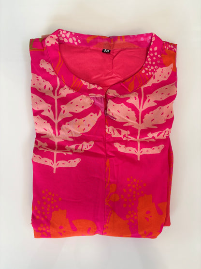 Dark Pink with Foliage Printed Elbow Sleeves Georgette Center Zip Maxi