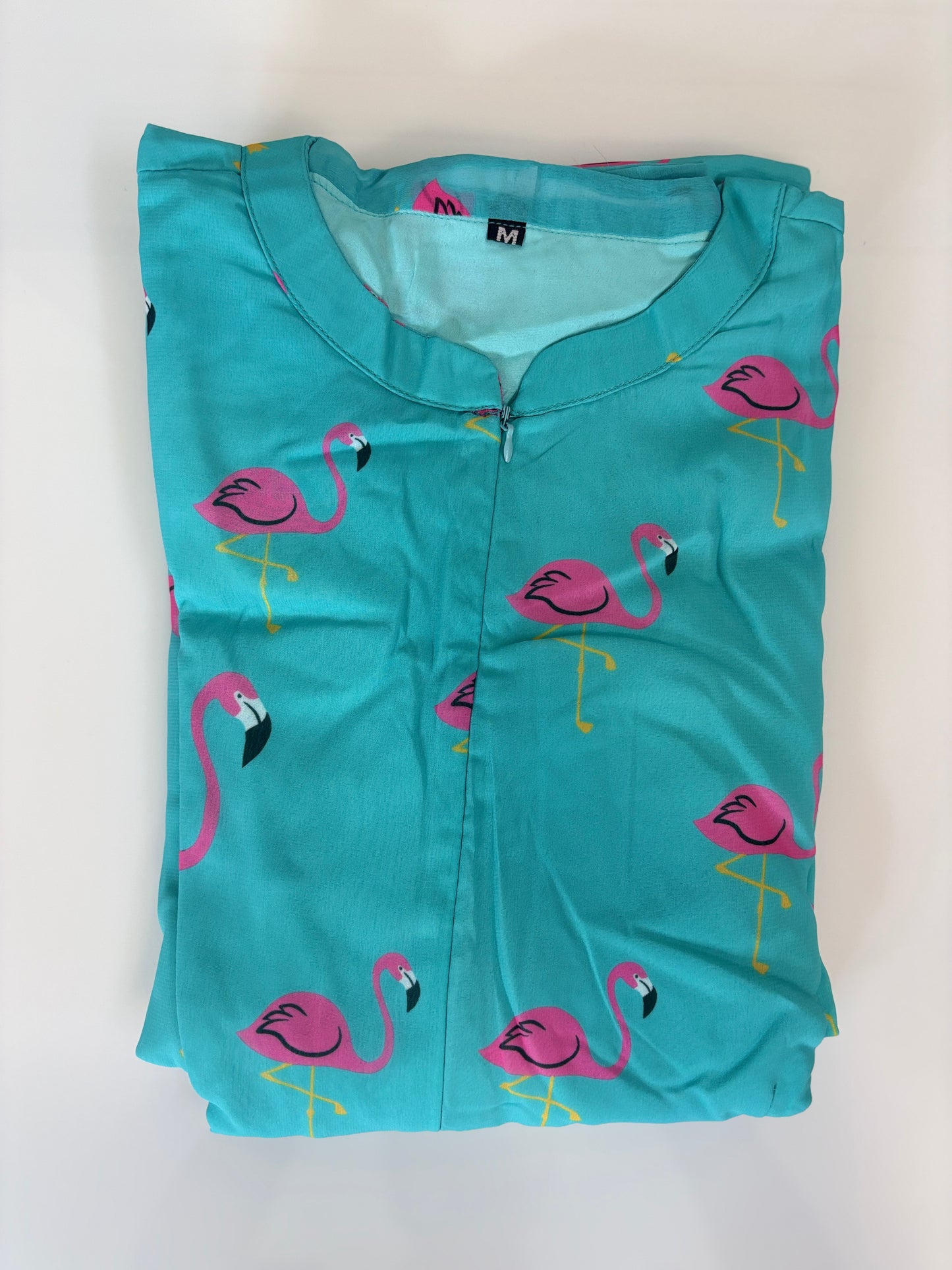 Aqua with Pink Flamigo's Printed Elbow Sleeves Georgette Center Zip Maxi