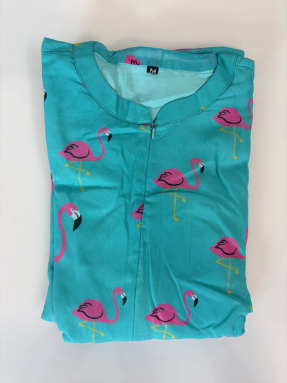 Aqua with Pink Flamigo's Printed Elbow Sleeves Georgette Center Zip Maxi