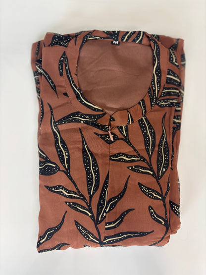Dark Brown with Ethnic Floral Printed Short Sleeves Georgette Center Zip Maxi